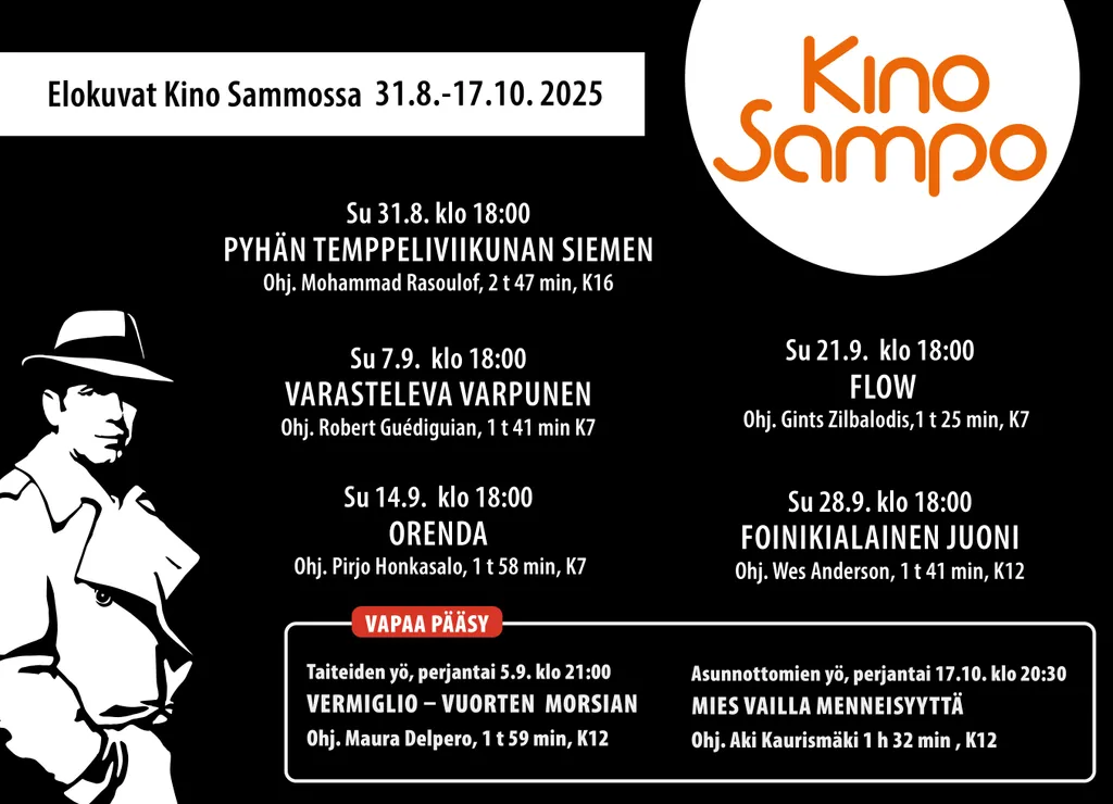 Omatoimiretki Mitä jos menisit vaihteeksi elokuviin? Riihimäen Kino Sampo tarjoaa maksuttomat näytökset taiteiden- ja asunnottomien yönä. Lue lisää alta.