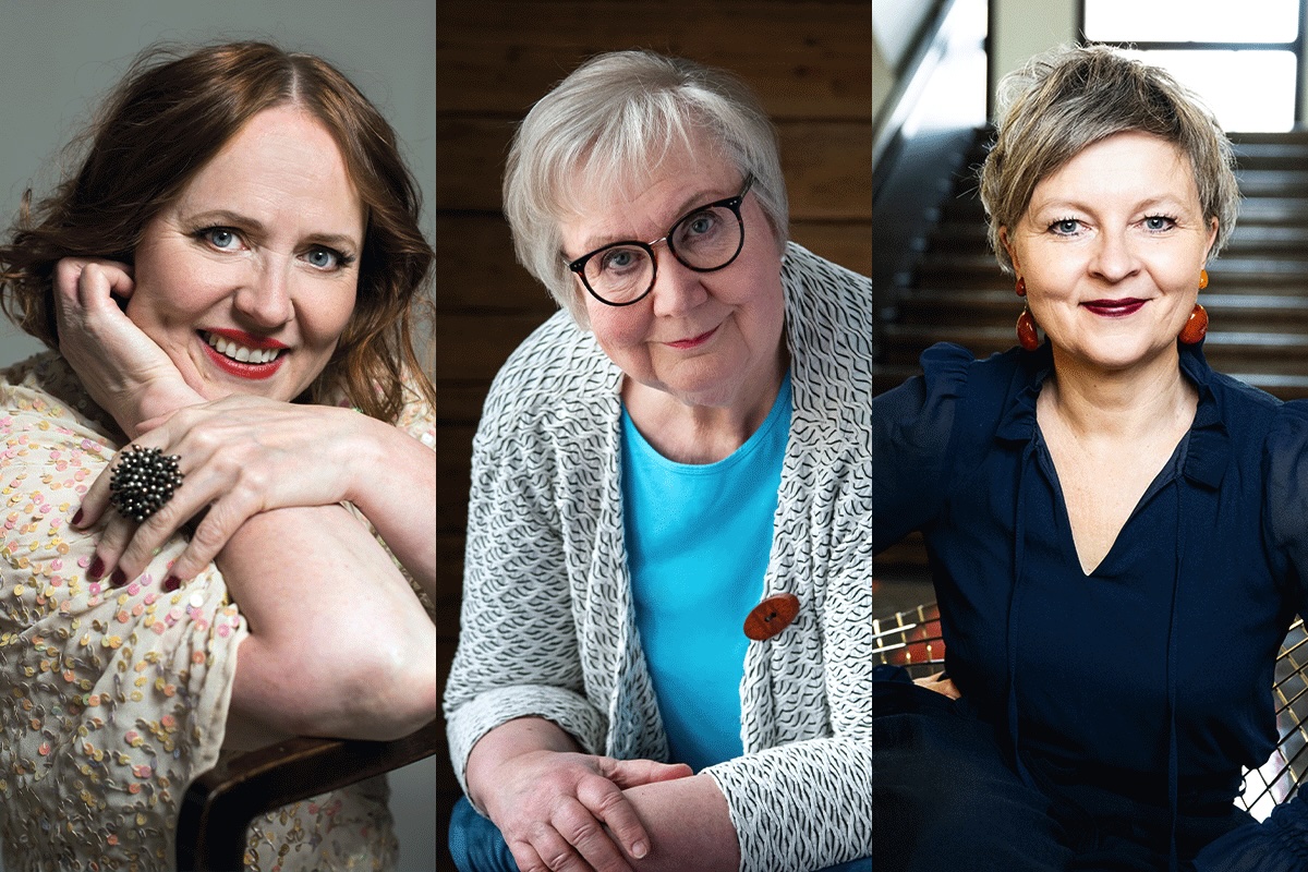 Omatoimiretki Helsinki, sukellus Sörkka svengaa -musiikkinäytelmään. Käsikirjoittaja Anneli Kanto, ohjaaja Reetta Ristimäki ja kirjailija Anna Kortelainen tapaaminen